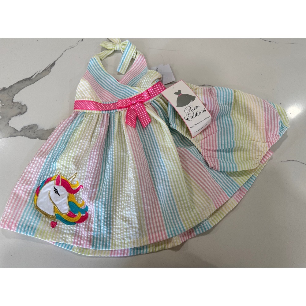 Rare Editions Girls Unicorn Rainbow Stripe Seersucker Dress Bloomers Set 18M‎